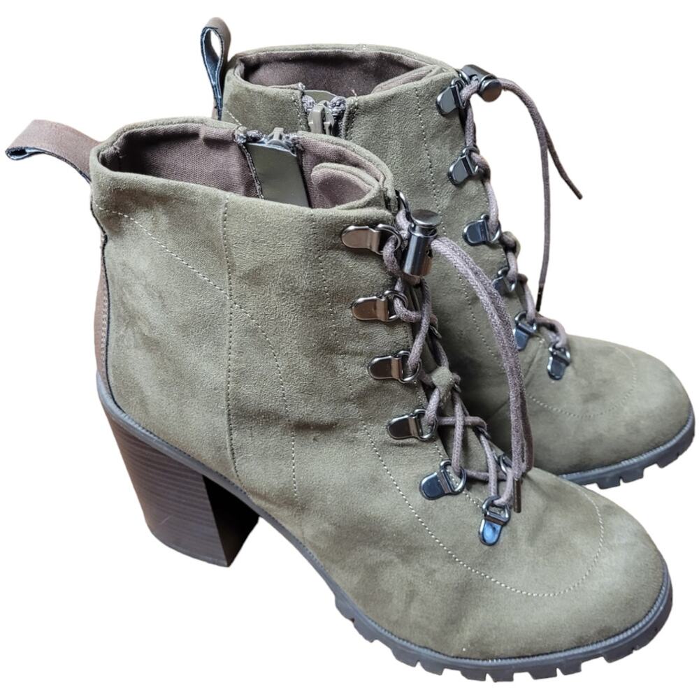 Qupid Olive Green Suede Lace-Up Ankle Boots